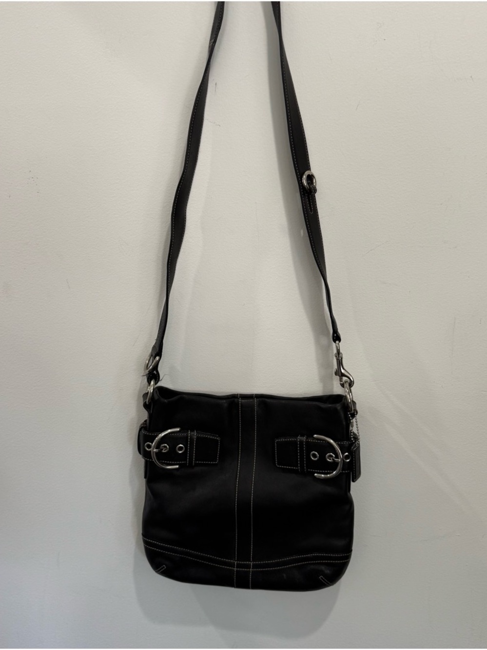 Coach Black Leather Crossbody with Silver Buckle Accents
